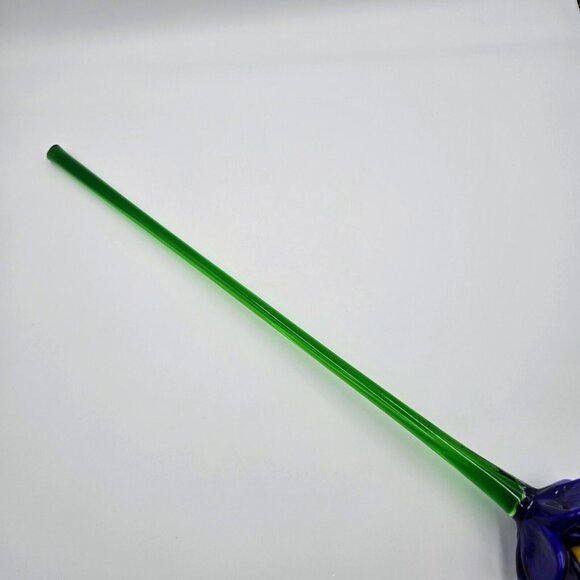 Art Glass Flower Hand Blown Dark Blue Yellow Long Green Stem Flower With Leaf - Picture 11 of 16